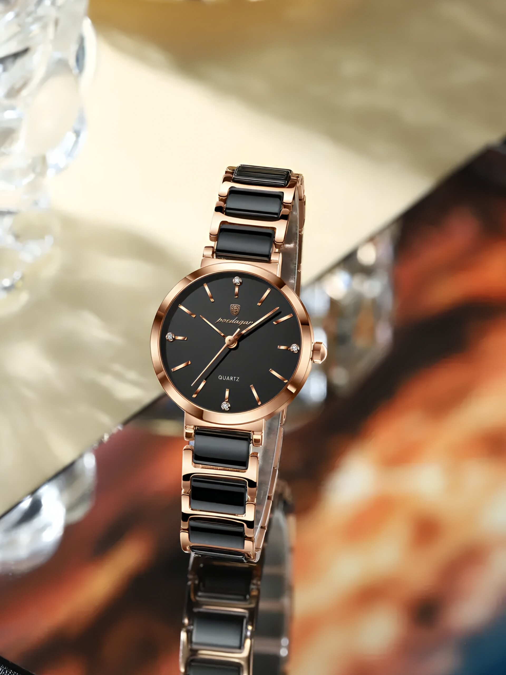 POEDAGAR 505 Luxury Rose Gold Ladies Quartz Wrist Watch Ceramic Strap - Image 3