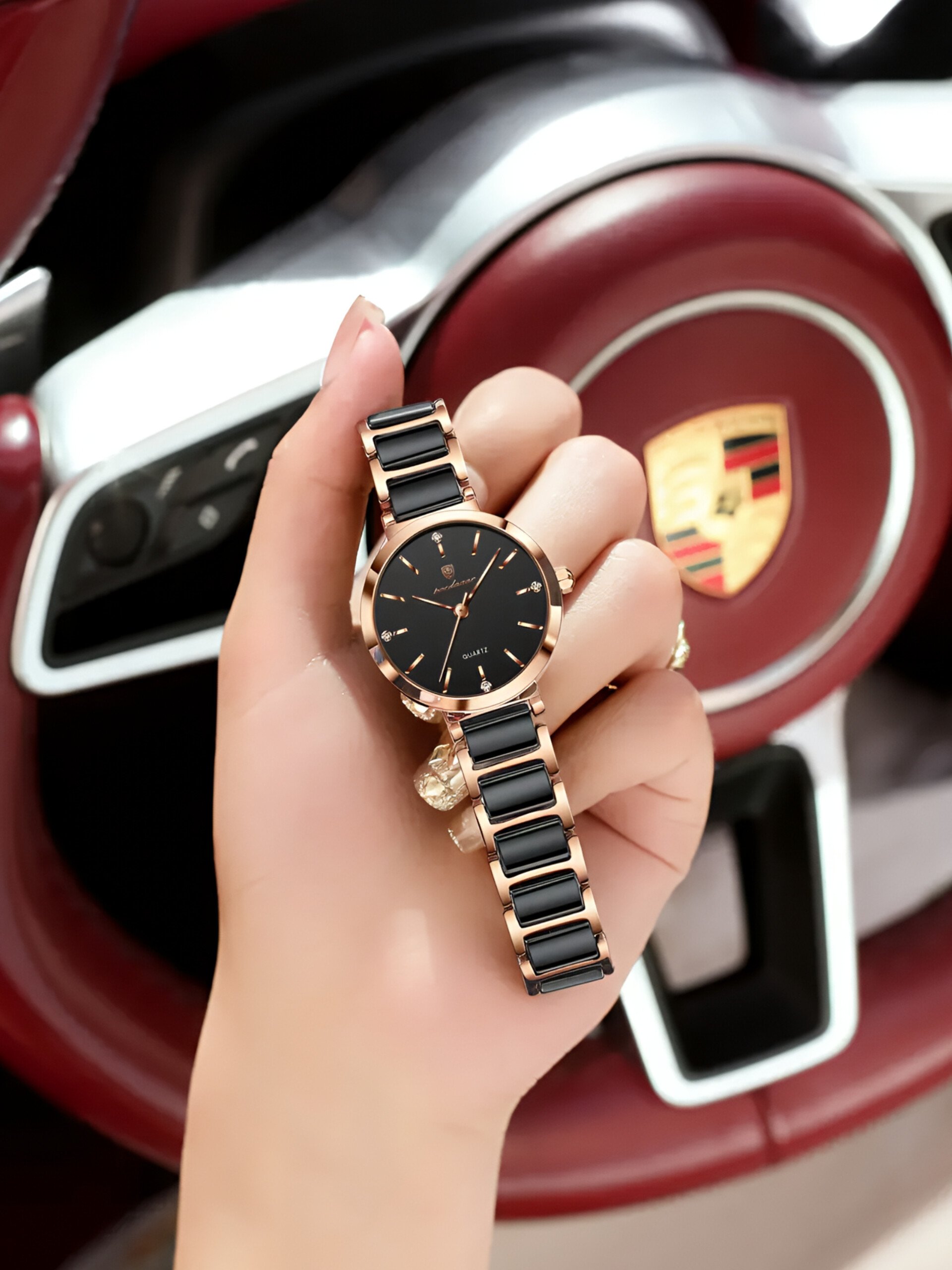POEDAGAR 505 Luxury Rose Gold Ladies Quartz Wrist Watch Ceramic Strap - Image 2