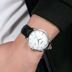 SKMEI 1801 Stainless Steel Leather Band Men’s Watch- Black