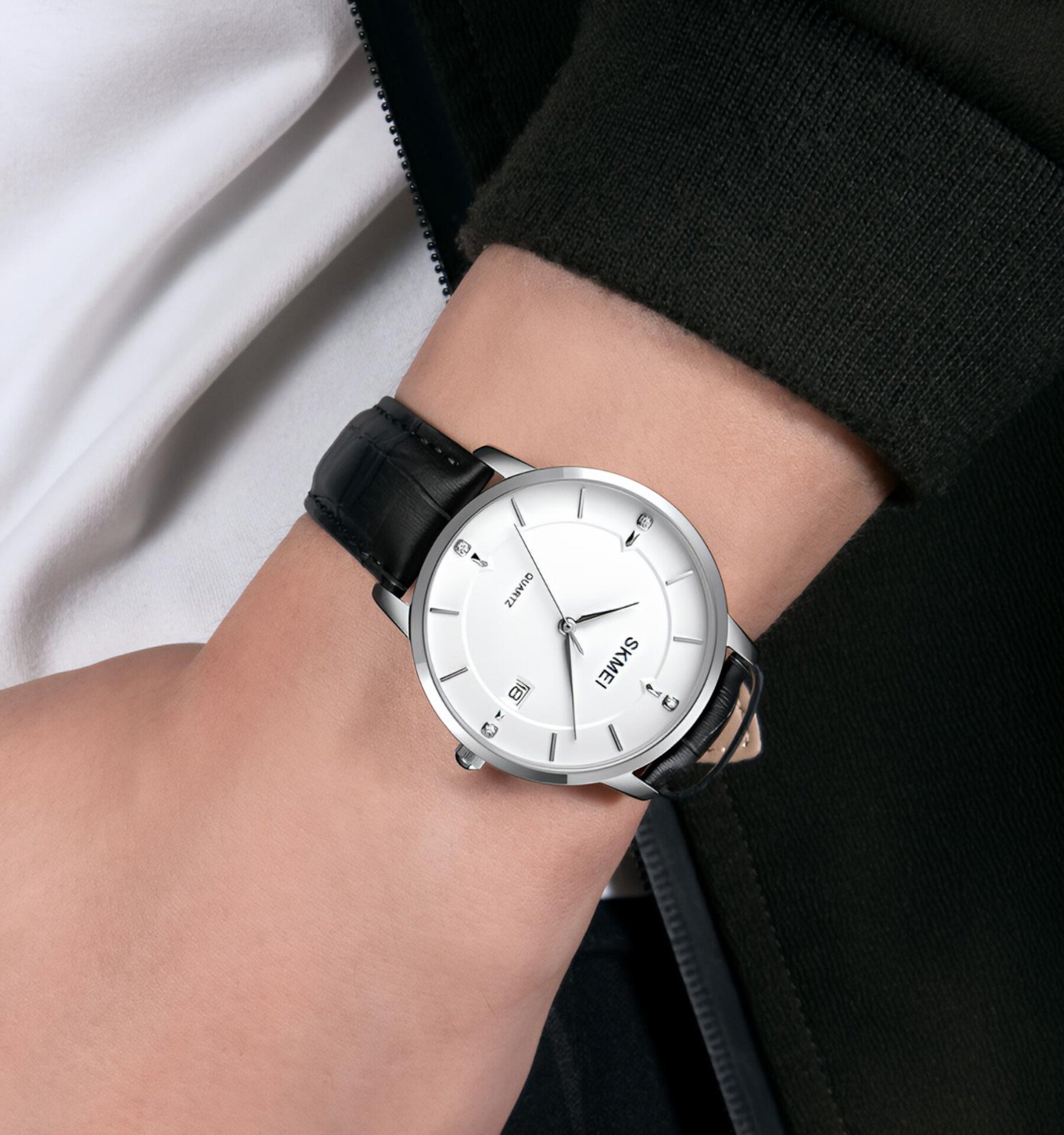 SKMEI 1801 Stainless Steel Leather Band Men’s Watch- Black